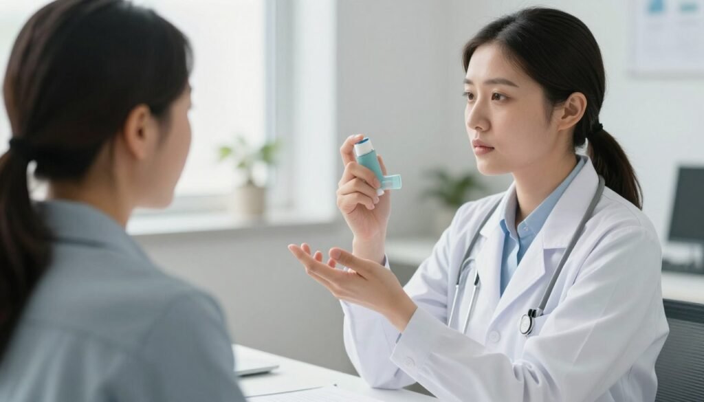 Doctor demonstrating proper inhaler technique to patient