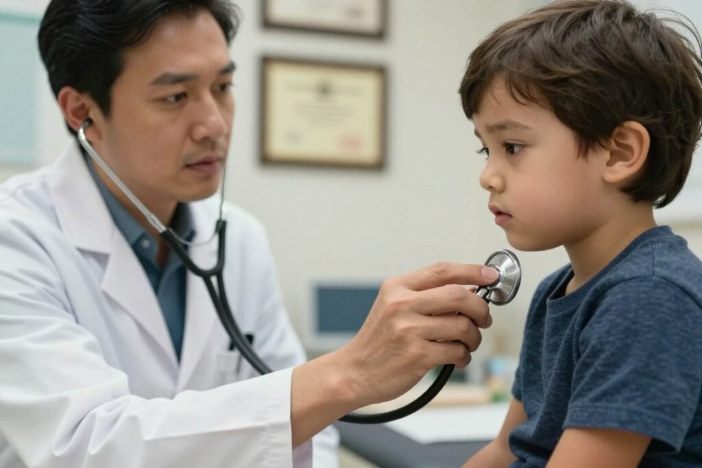 Healthcare professional examining child with health issues