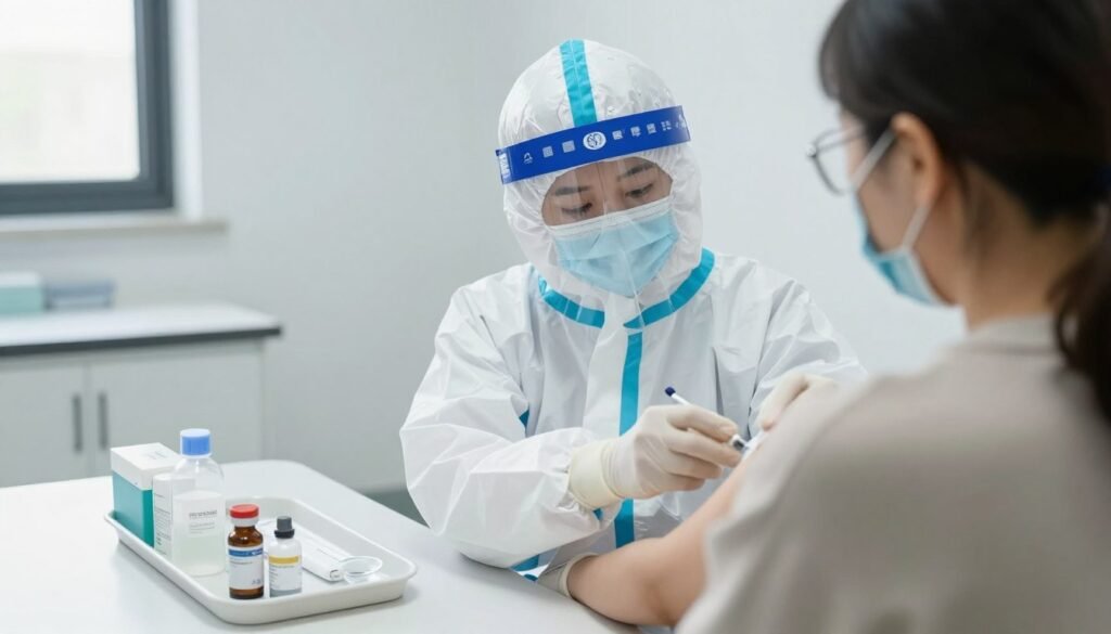 Healthcare worker administering vaccine to prevent infectious diseases in USA