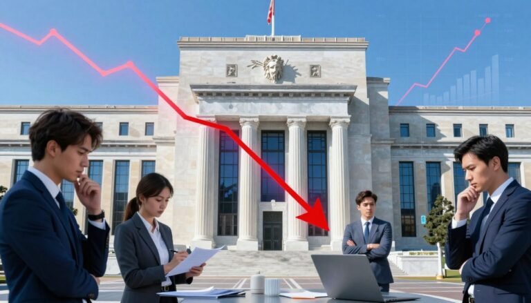 Interest rate hikes and economic slowdown visualization showing Federal Reserve building with rising rate charts