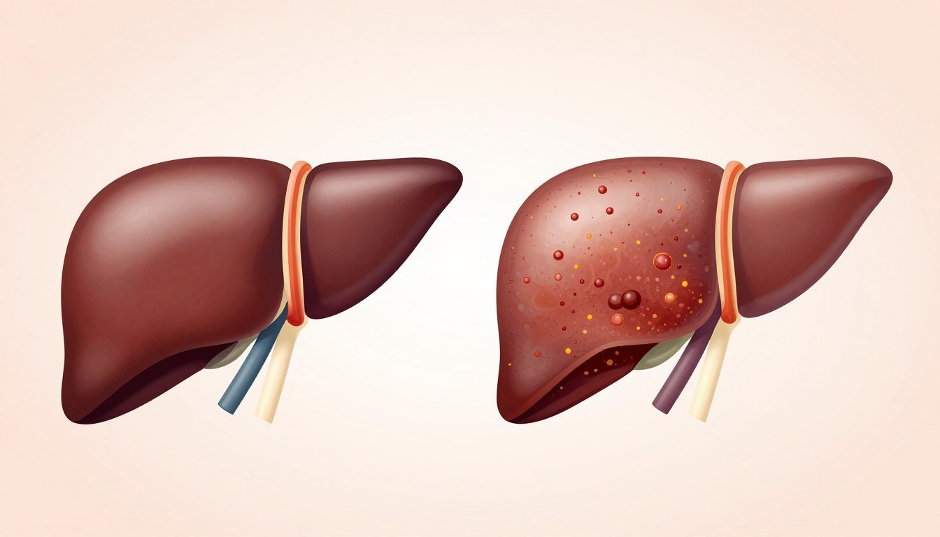 Medical illustration of healthy liver versus diseased liver showing liver disease progression