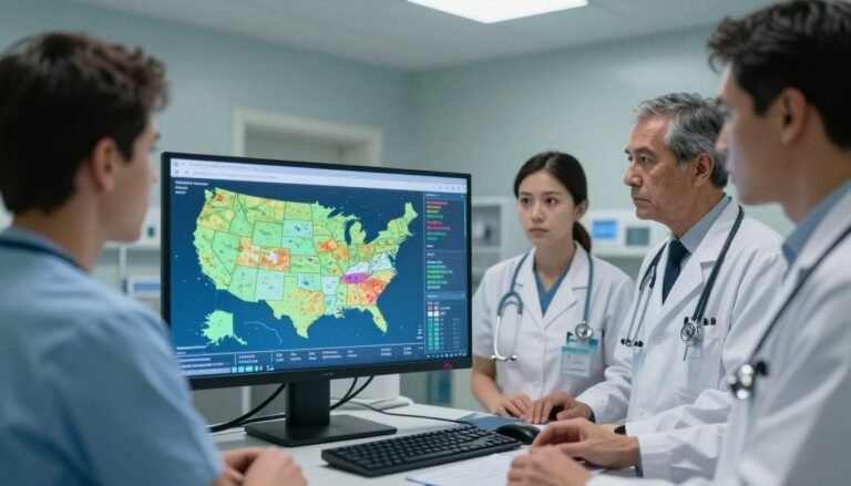 Medical professionals examining infectious disease outbreak data in USA hospital