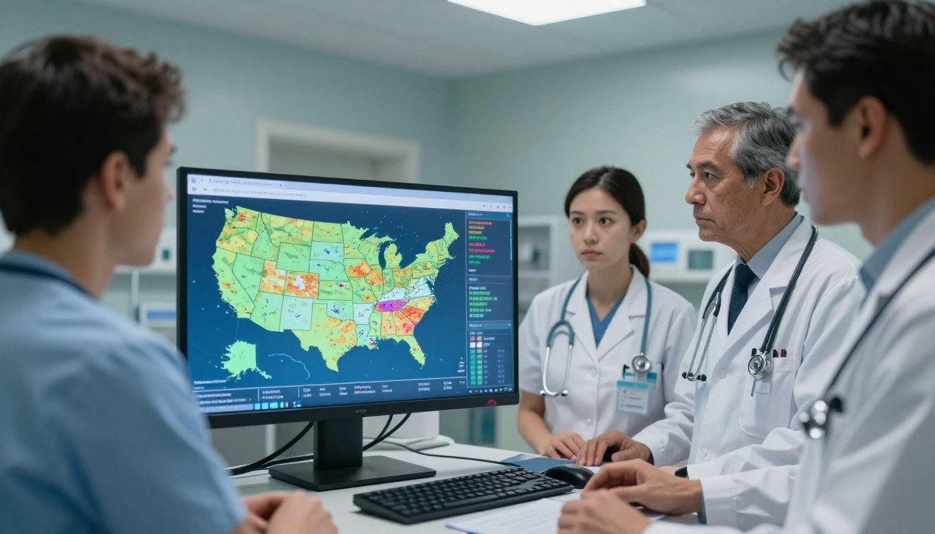 Medical professionals examining infectious disease outbreak data in USA hospital
