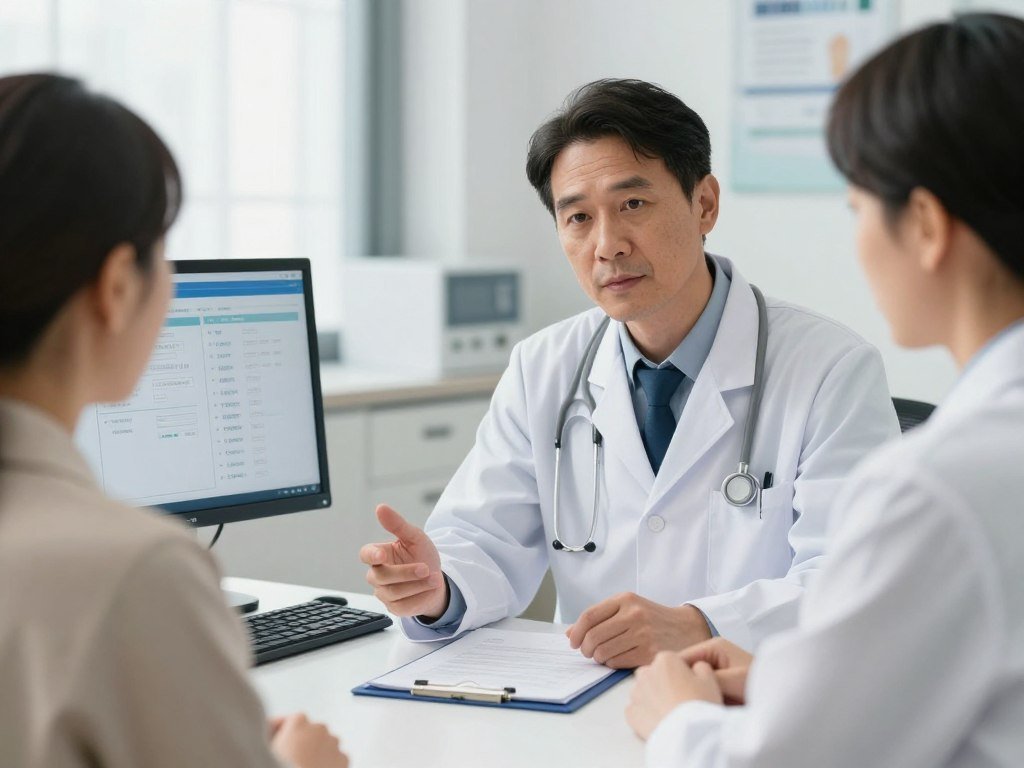 Medical treatment showing doctor consulting patient about liver disease therapy options