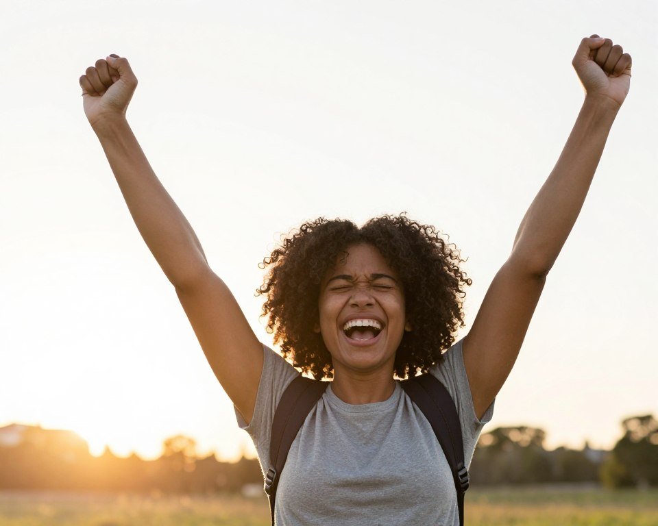 Person celebrating recovery progress from anxiety disorder showing hope