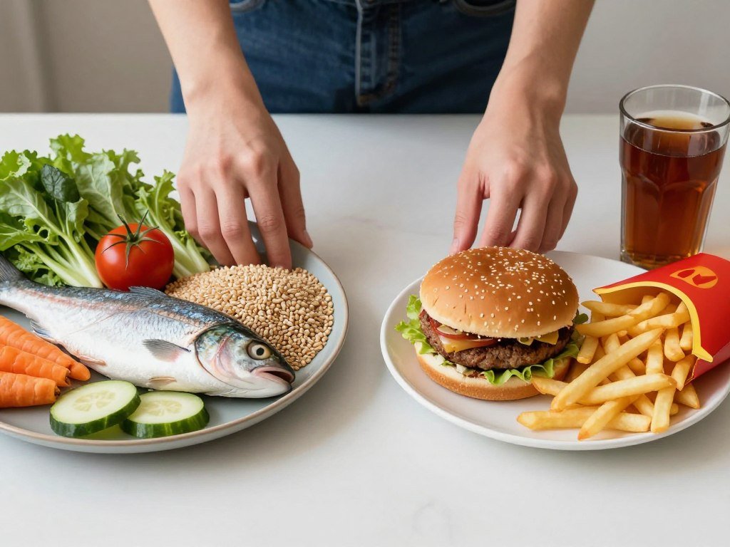 Person choosing between healthy and unhealthy food options
