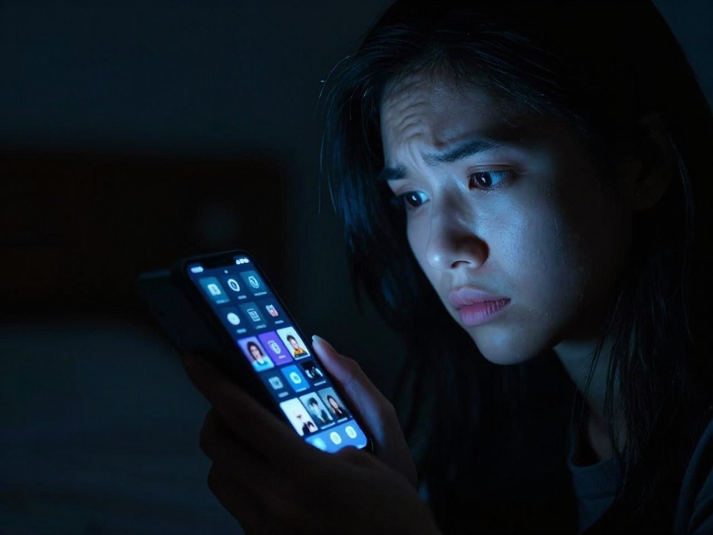 Person looking at phone showing social media at night representing digital anxiety triggers