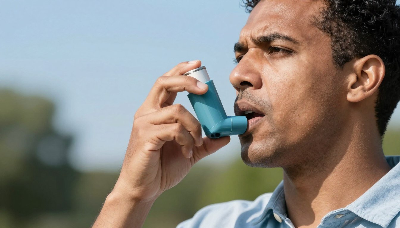 Person using an asthma inhaler outdoors