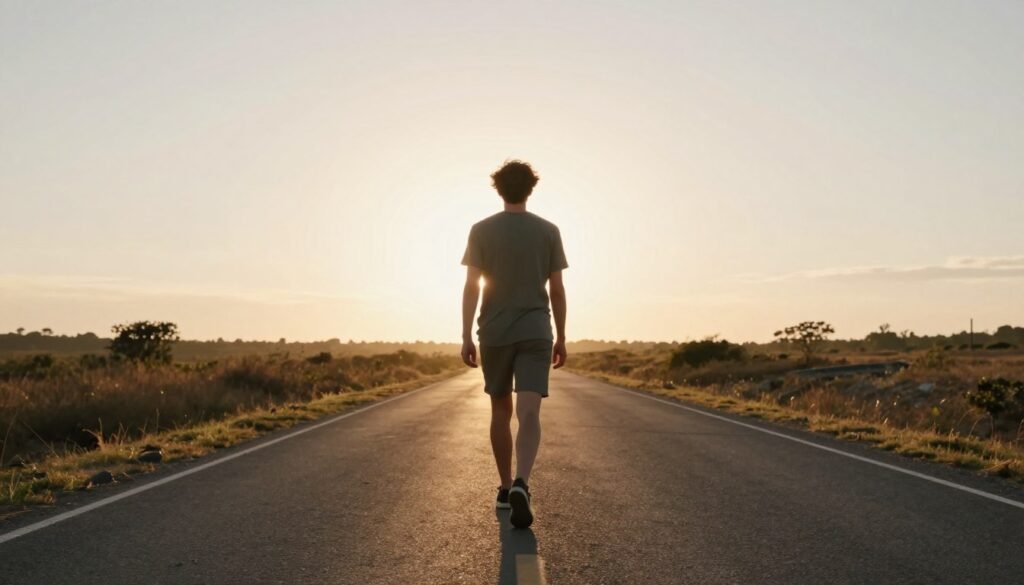 Person walking forward on path toward hopeful future representing recovery journey