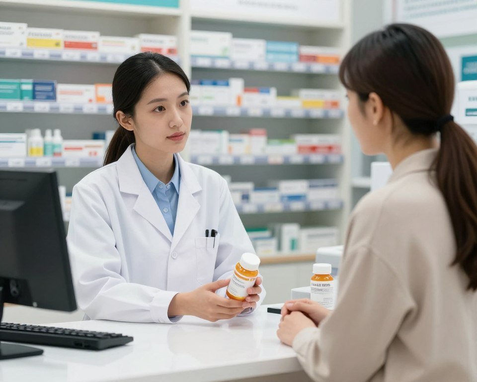 Pharmacist explaining antibiotic medication for bacterial infections