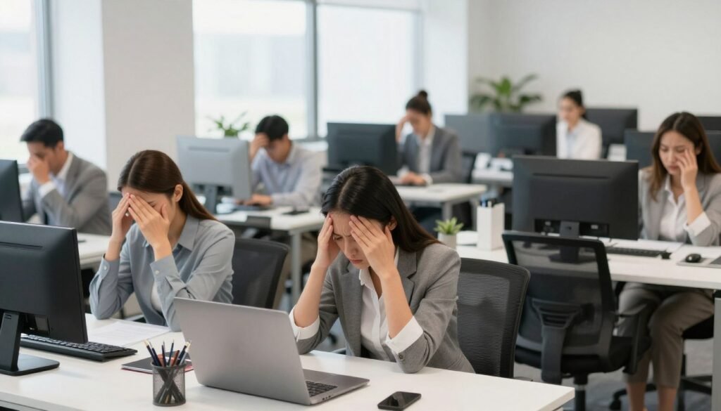 Stressed American workers dealing with anxiety in workplace