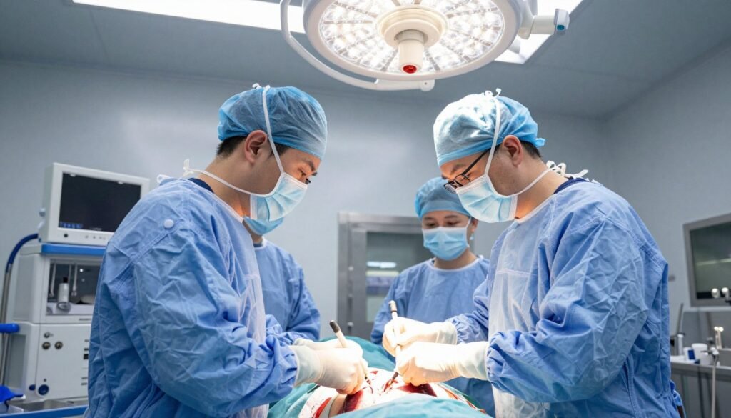 Successful liver transplant surgery team in modern operating room