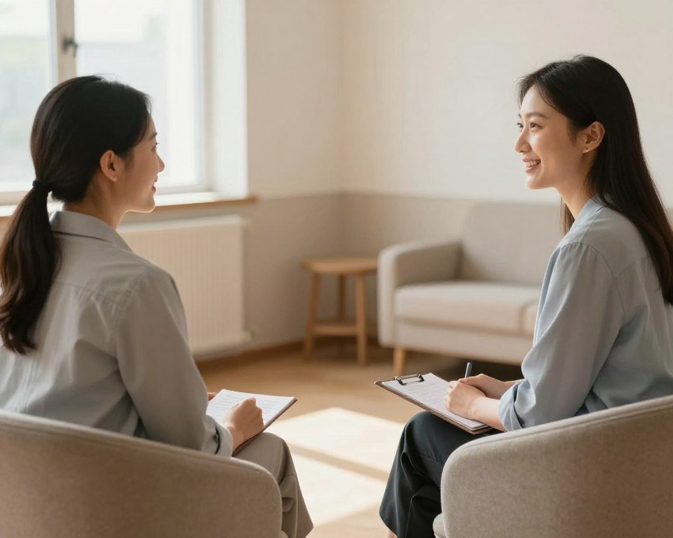 Therapy session between mental health professional and patient discussing treatment