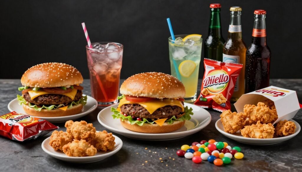 Unhealthy foods and alcohol showing liver-damaging dietary habits