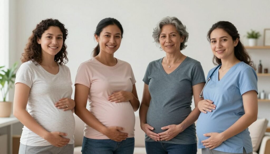 diverse group of pregnant women representing different age groups affected by maternal health complications