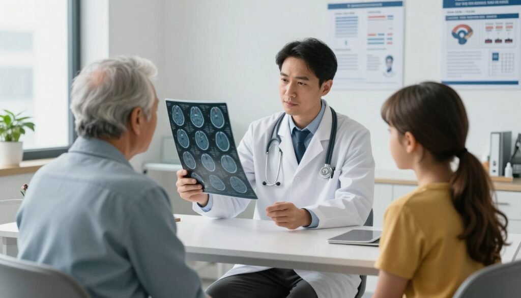 doctor explaining Alzheimer's disease treatment options to patient and family