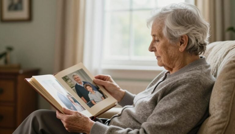 elderly person looking at family photos showing memory loss from Alzheimer's disease
