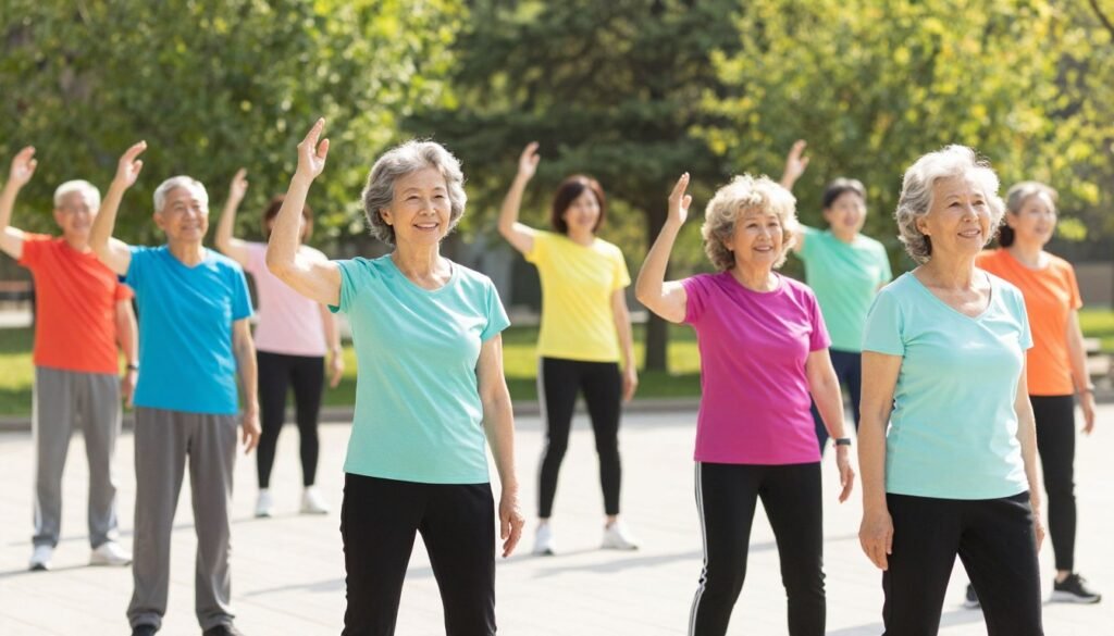 healthy seniors engaging in physical exercise and social activities to prevent Alzheimer's disease