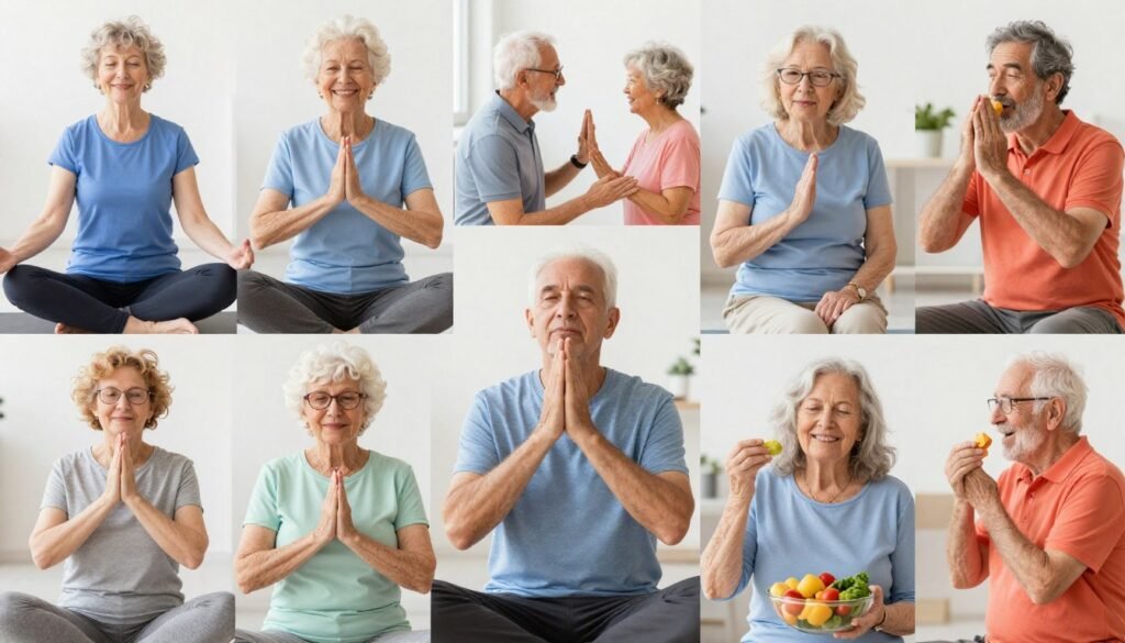 healthy seniors practicing brain-healthy habits including exercise meditation and social activities