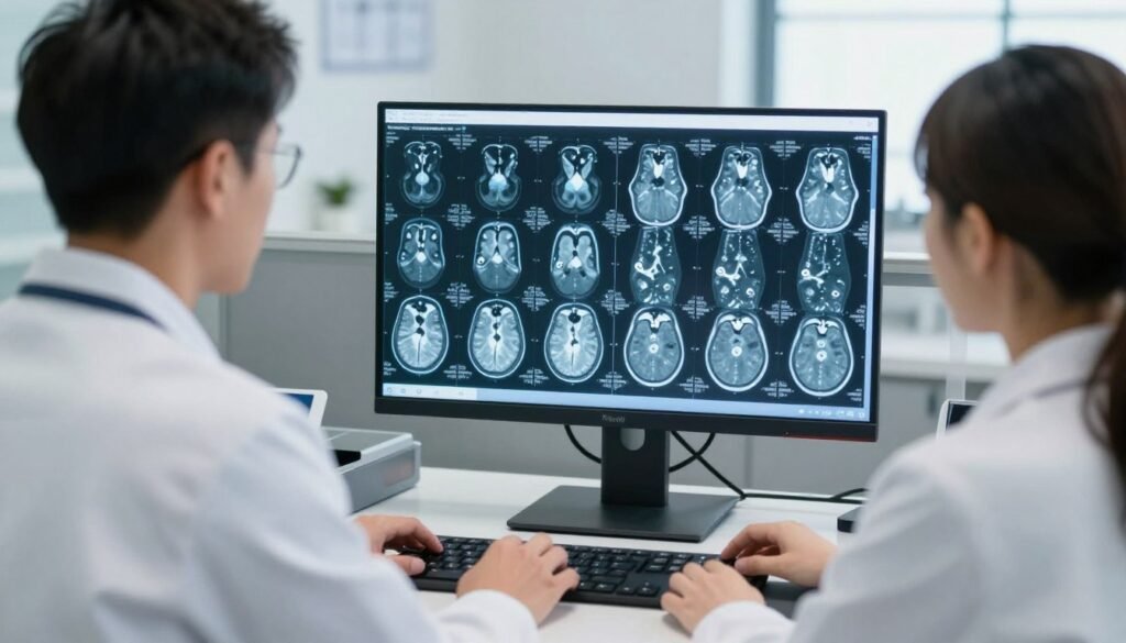 medical professionals examining brain scans showing Alzheimer's disease progression