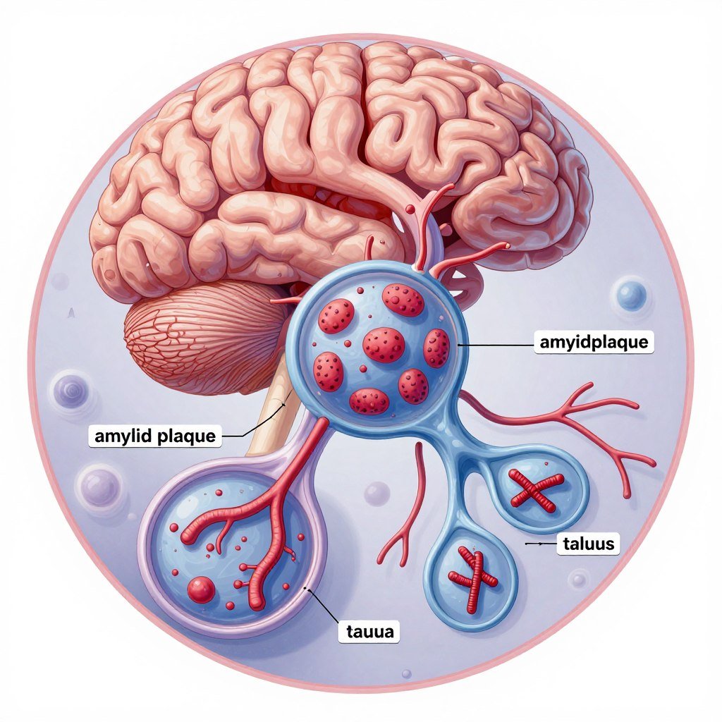 microscopic view of brain cells affected by Alzheimer's disease showing plaques and tangles