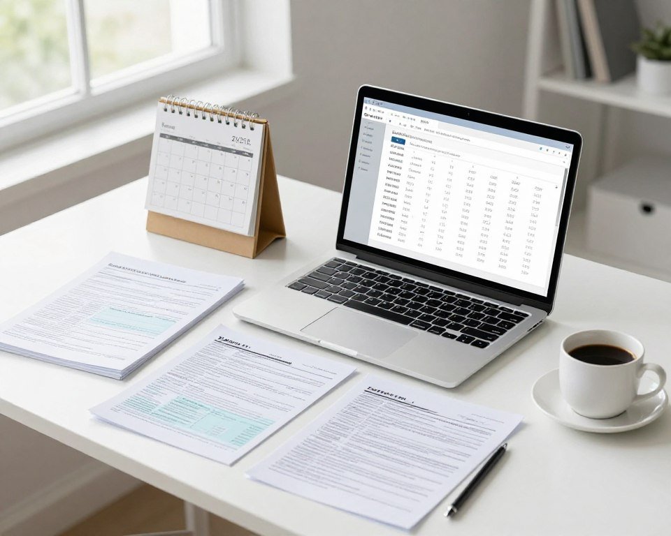 organized tax preparation workspace with laptop, documents, and calendar showing fast refund timeline