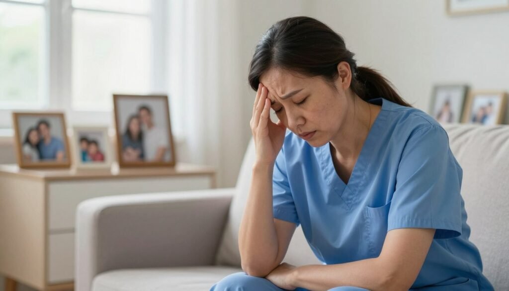 overwhelmed caregiver caring for person with Alzheimer's disease showing emotional and physical stress