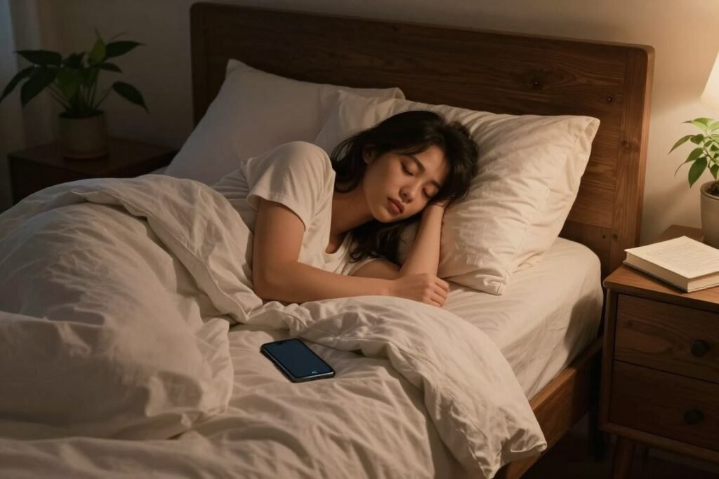 person practicing healthy sleep hygiene habits in comfortable bedroom