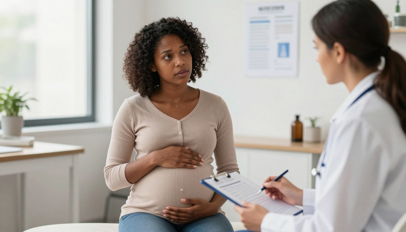 pregnant woman consulting with healthcare provider about maternal health complications