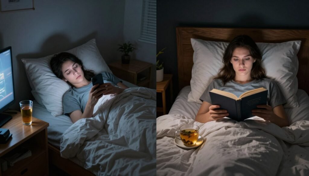 split image showing bad sleep habits versus healthy sleep habits