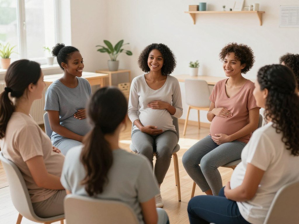 support group of pregnant women sharing healthy habits for maternal health